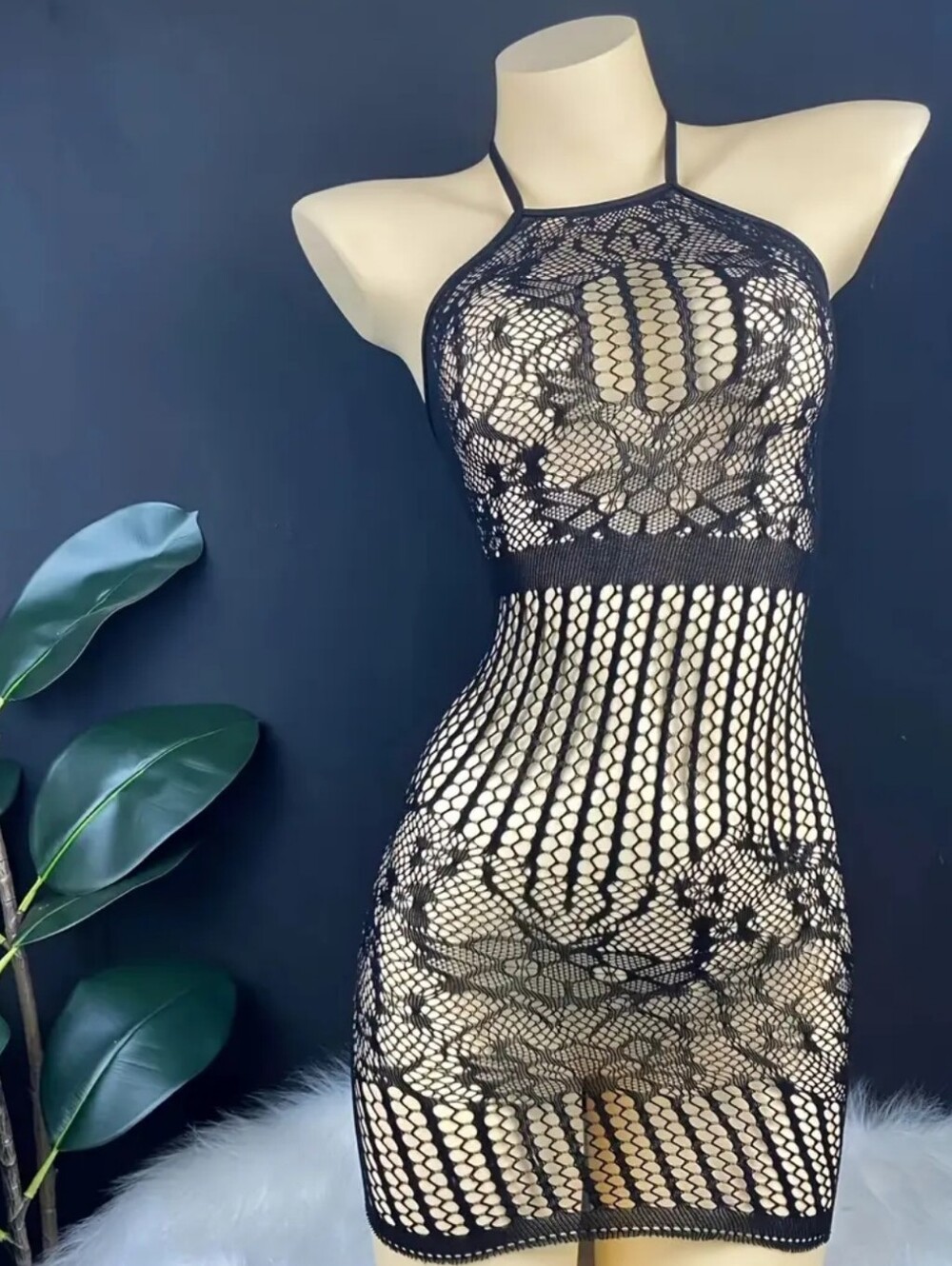 Halter Neck Jacquard Knit Polyamide Dress with Hollow Lace Details - Stretchable